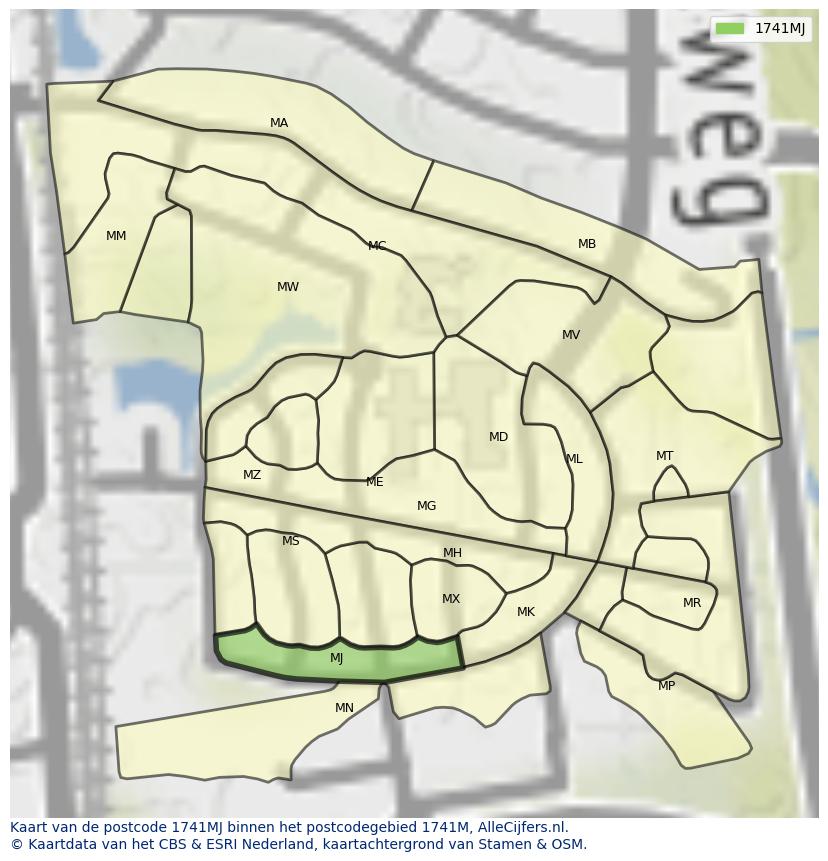 Afbeelding van het postcodegebied 1741 MJ op de kaart.