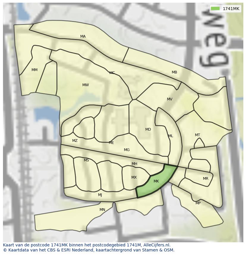 Afbeelding van het postcodegebied 1741 MK op de kaart.