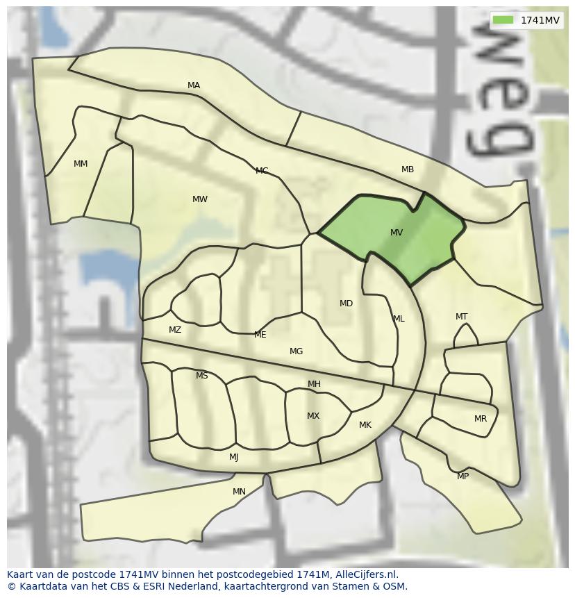 Afbeelding van het postcodegebied 1741 MV op de kaart.
