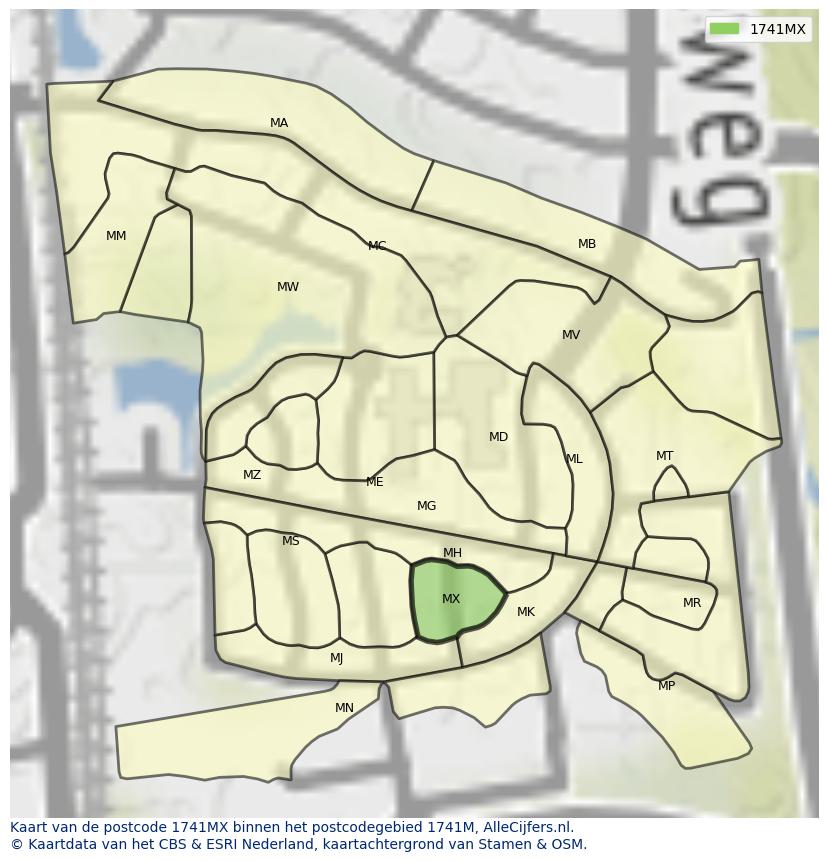Afbeelding van het postcodegebied 1741 MX op de kaart.