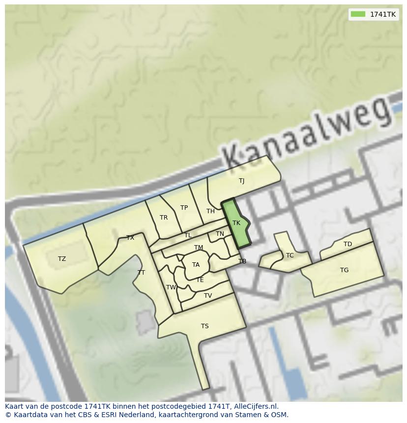 Afbeelding van het postcodegebied 1741 TK op de kaart.