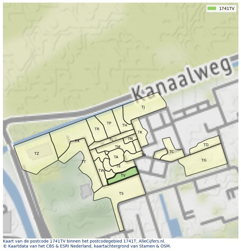 Afbeelding van het postcodegebied 1741 TV op de kaart.