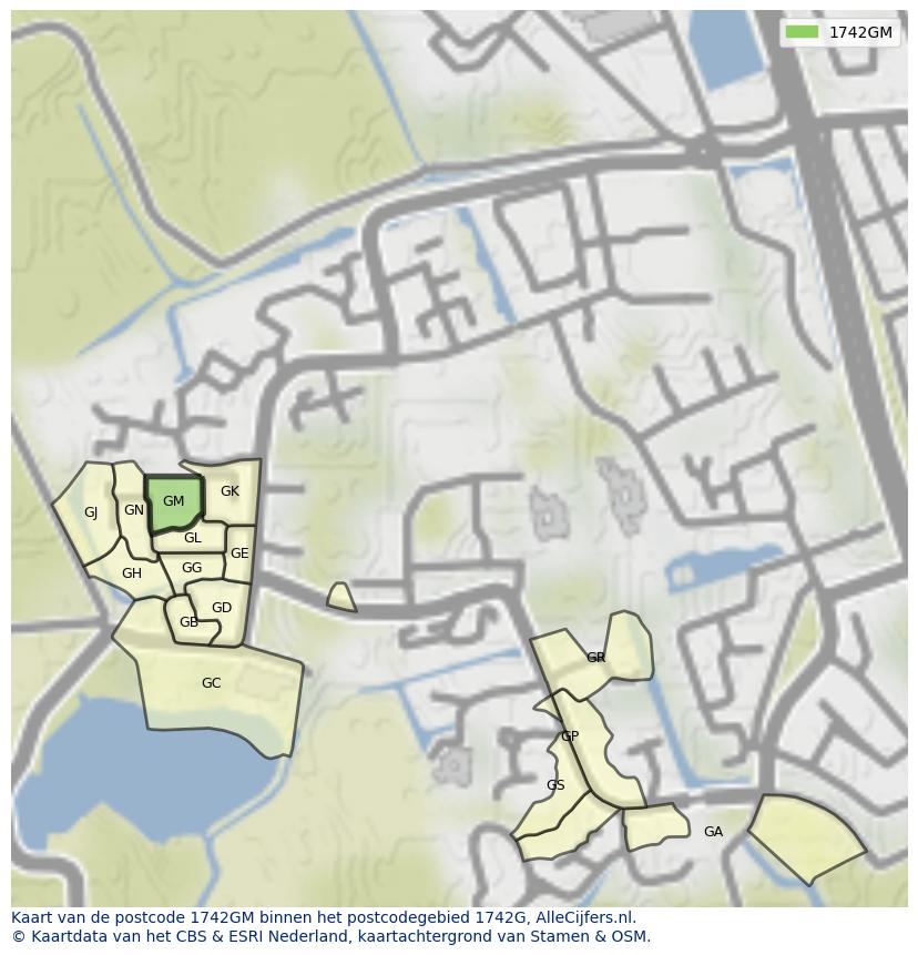 Afbeelding van het postcodegebied 1742 GM op de kaart.