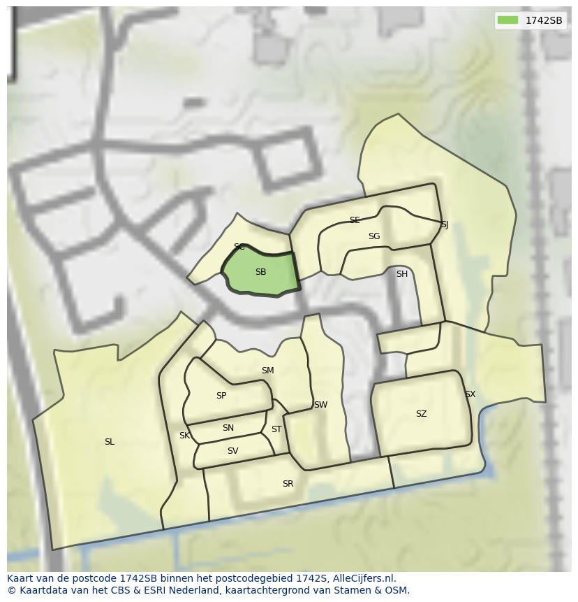 Afbeelding van het postcodegebied 1742 SB op de kaart.