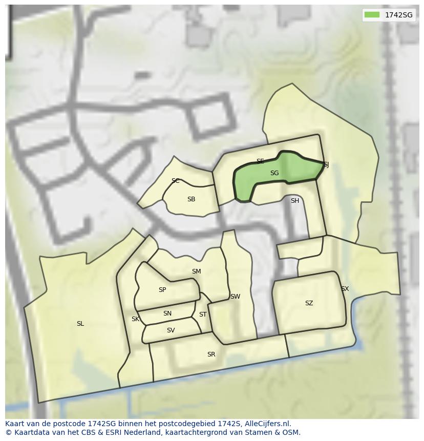 Afbeelding van het postcodegebied 1742 SG op de kaart.