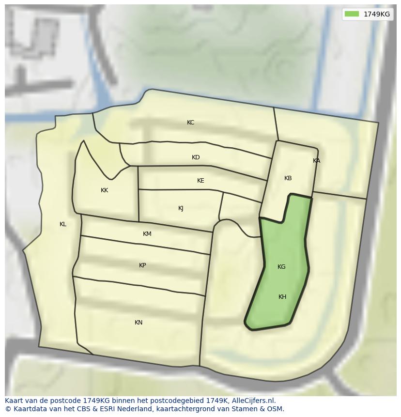 Afbeelding van het postcodegebied 1749 KG op de kaart.