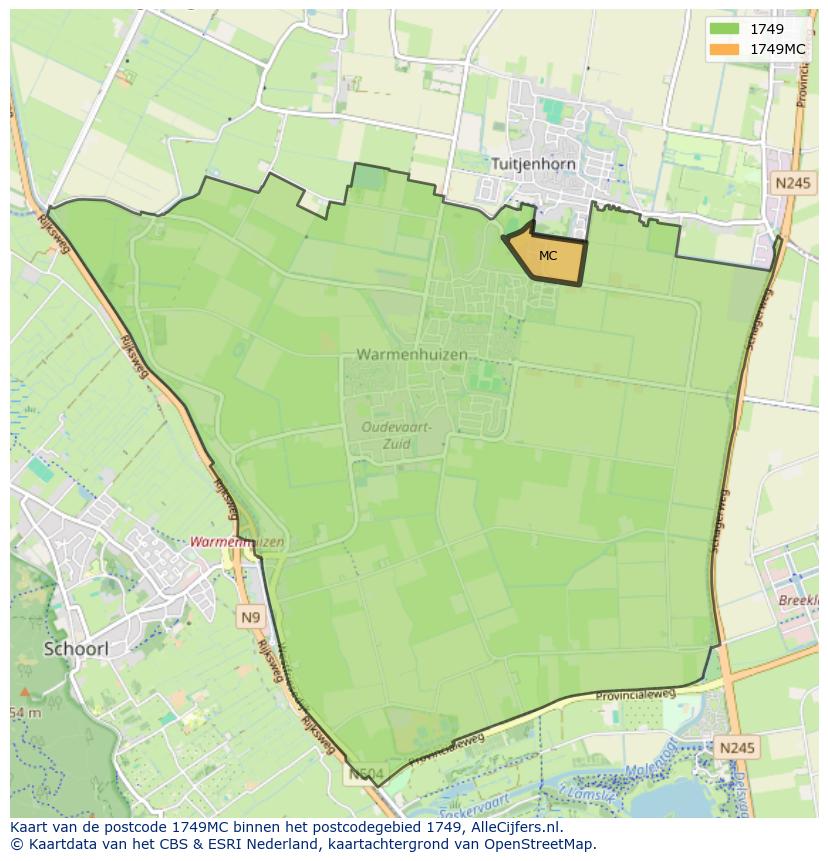 Afbeelding van het postcodegebied 1749 MC op de kaart.