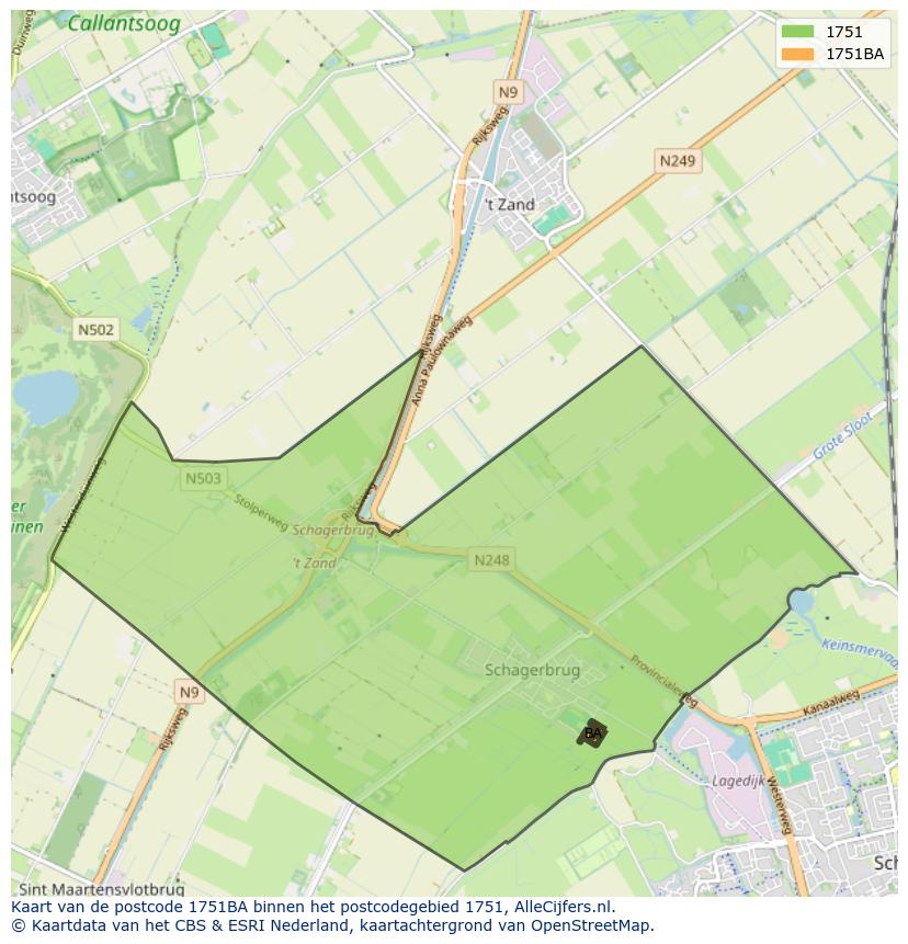 Afbeelding van het postcodegebied 1751 BA op de kaart.