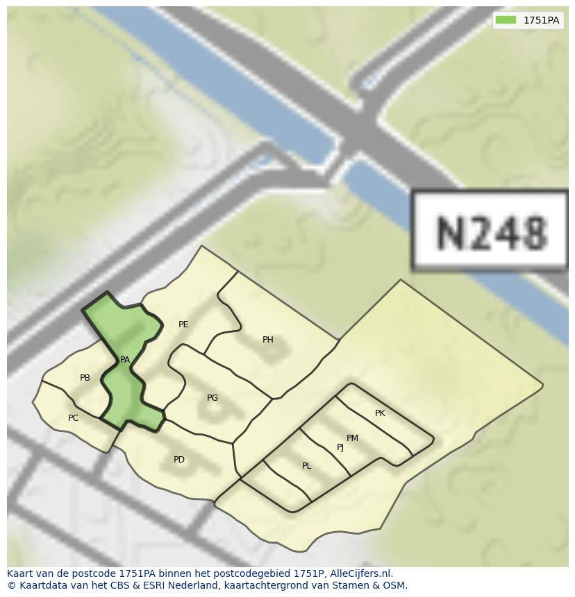 Afbeelding van het postcodegebied 1751 PA op de kaart.