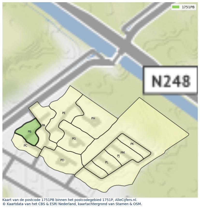 Afbeelding van het postcodegebied 1751 PB op de kaart.