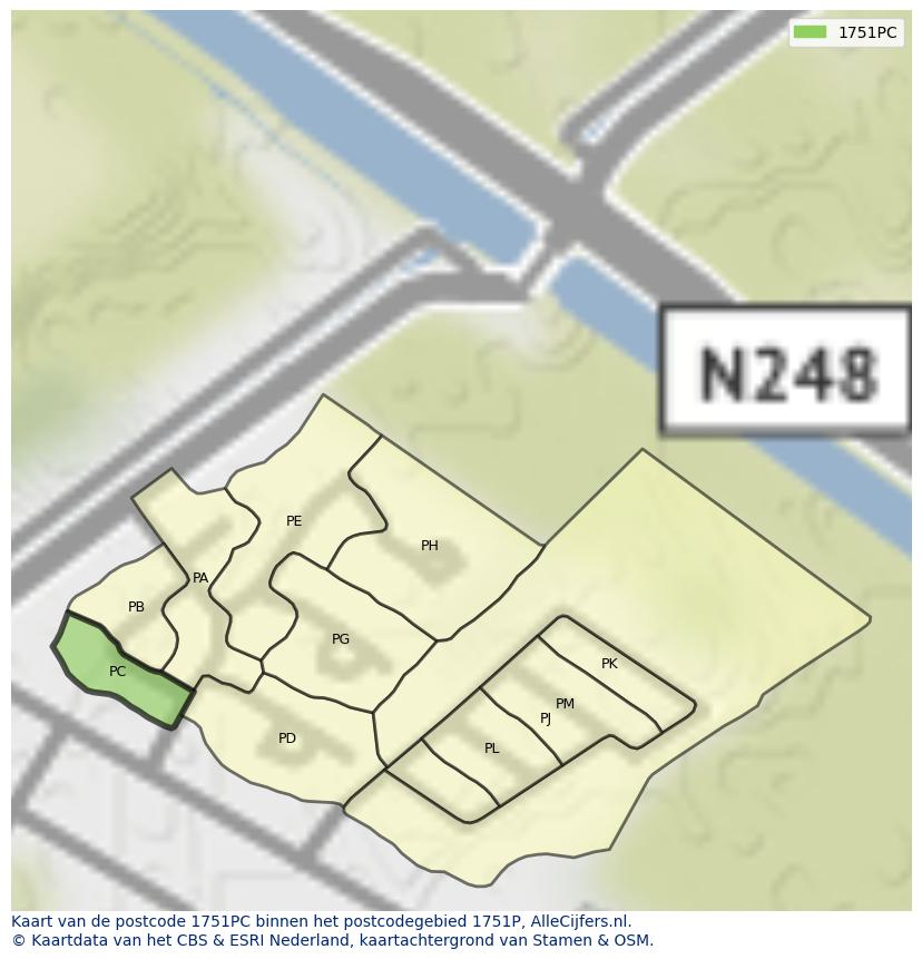 Afbeelding van het postcodegebied 1751 PC op de kaart.