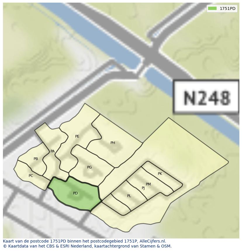 Afbeelding van het postcodegebied 1751 PD op de kaart.