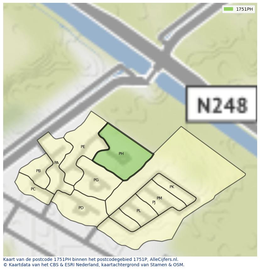 Afbeelding van het postcodegebied 1751 PH op de kaart.