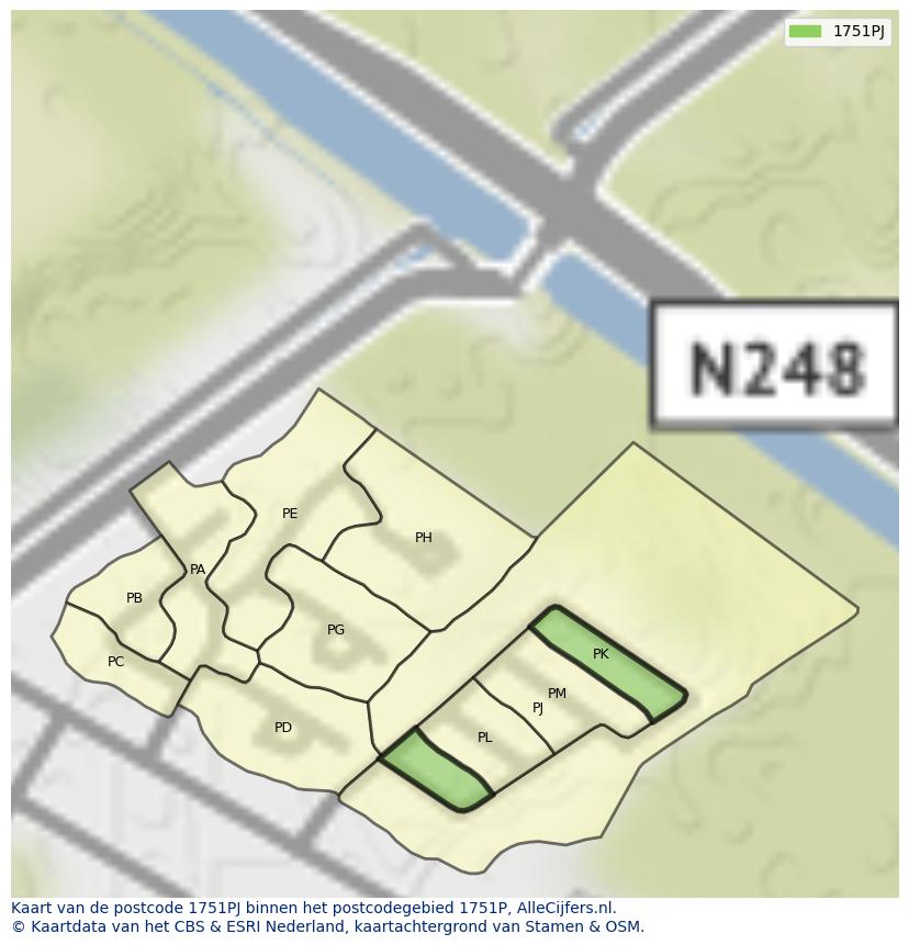 Afbeelding van het postcodegebied 1751 PJ op de kaart.
