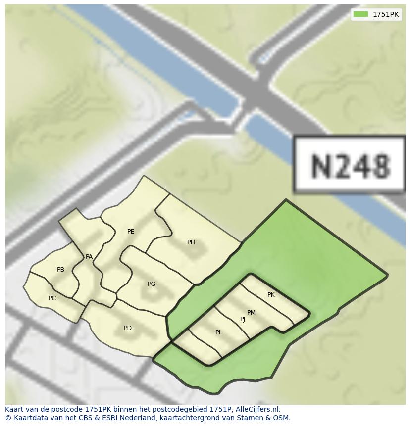 Afbeelding van het postcodegebied 1751 PK op de kaart.
