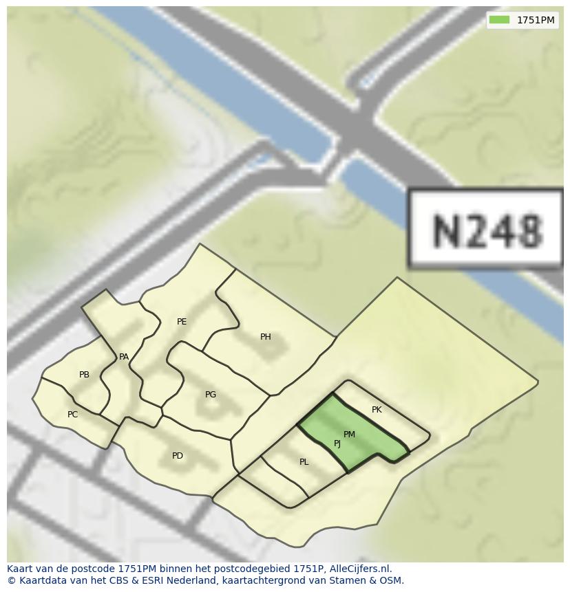 Afbeelding van het postcodegebied 1751 PM op de kaart.