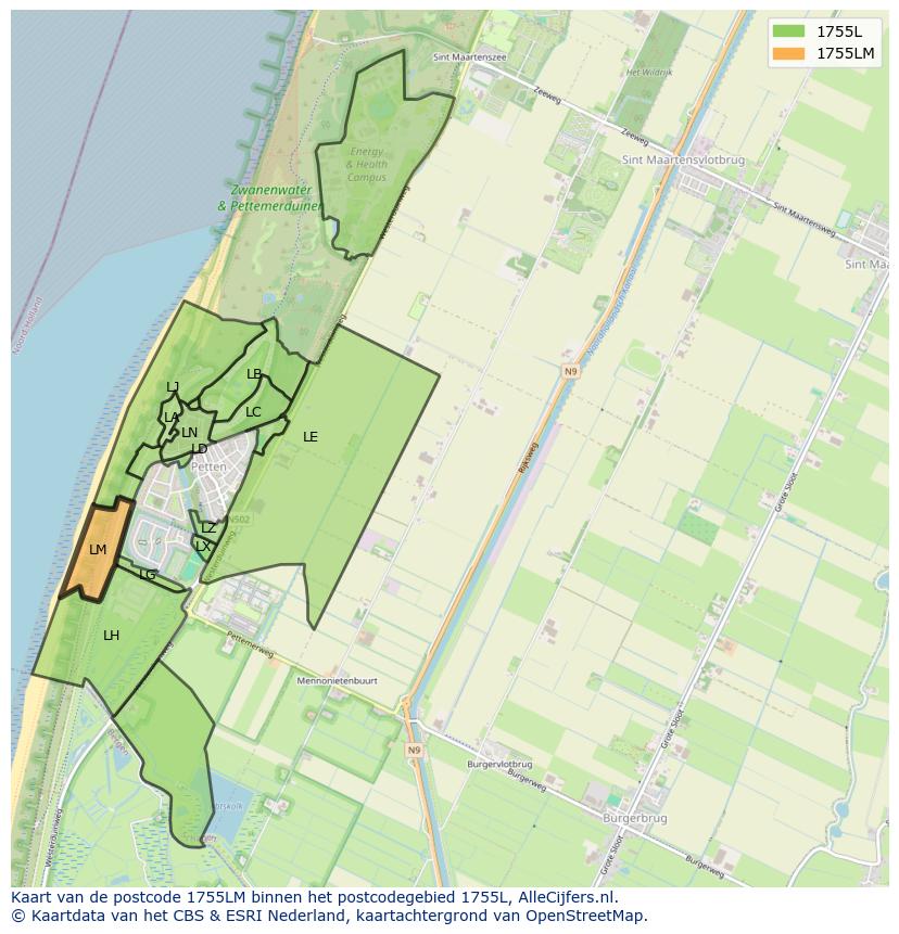 Afbeelding van het postcodegebied 1755 LM op de kaart.