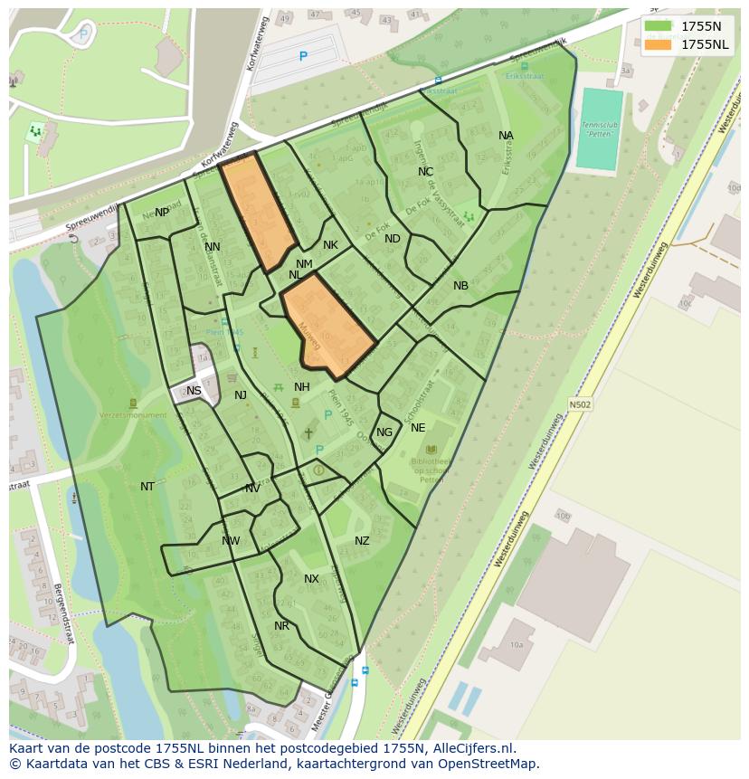 Afbeelding van het postcodegebied 1755 NL op de kaart.