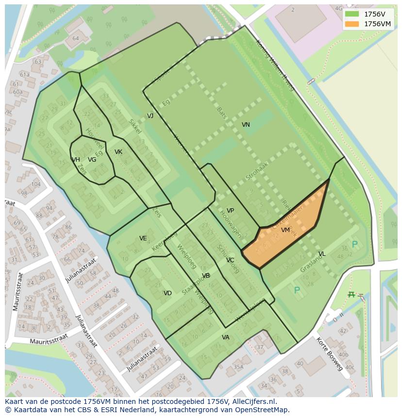Afbeelding van het postcodegebied 1756 VM op de kaart.