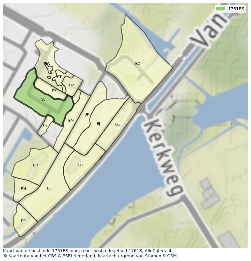 Afbeelding van het postcodegebied 1761 BS op de kaart.