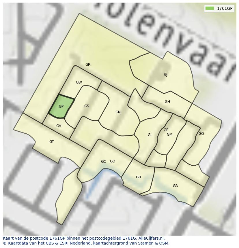 Afbeelding van het postcodegebied 1761 GP op de kaart.