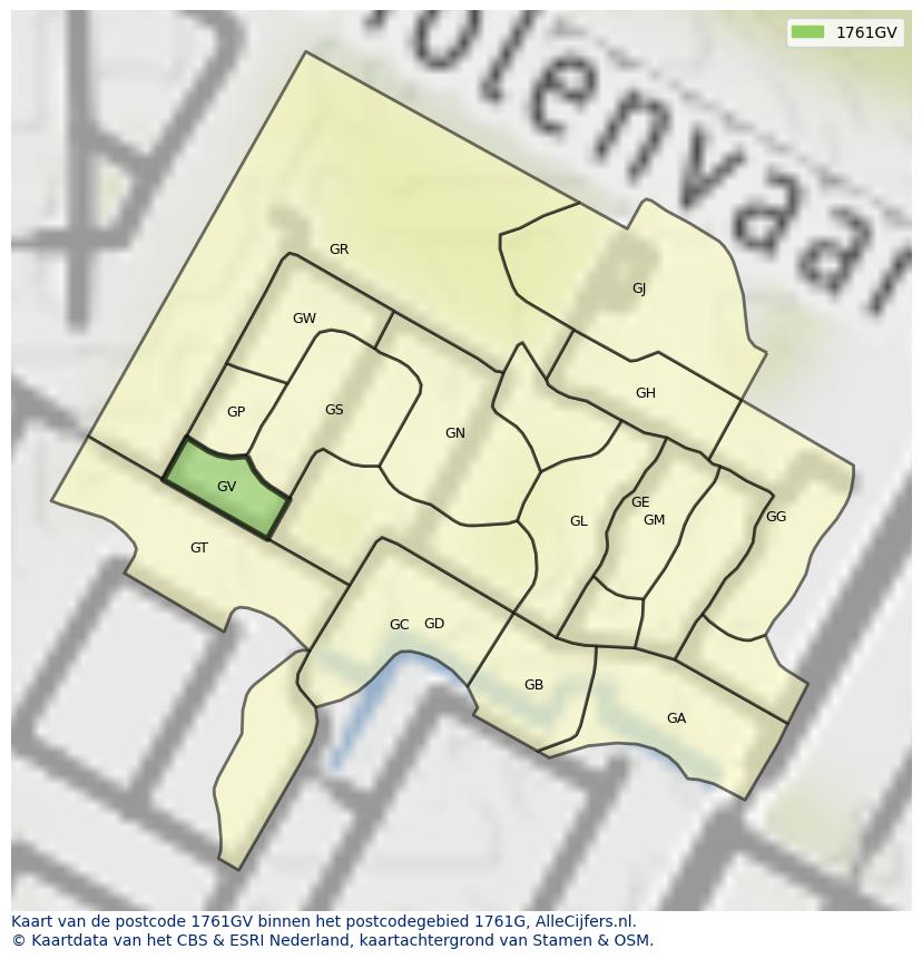 Afbeelding van het postcodegebied 1761 GV op de kaart.