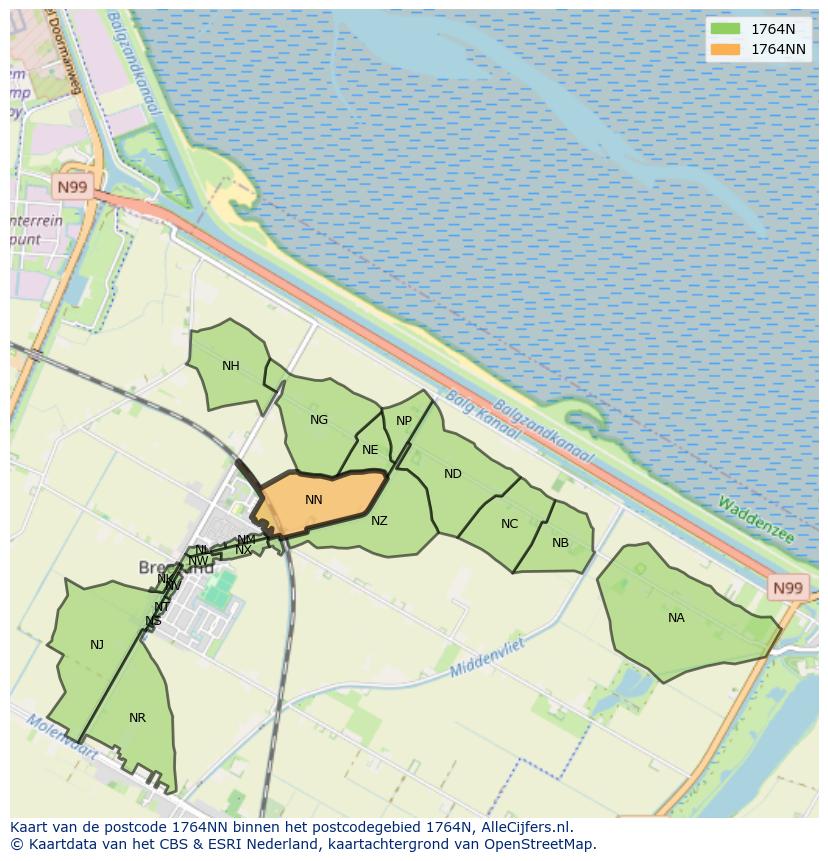 Afbeelding van het postcodegebied 1764 NN op de kaart.