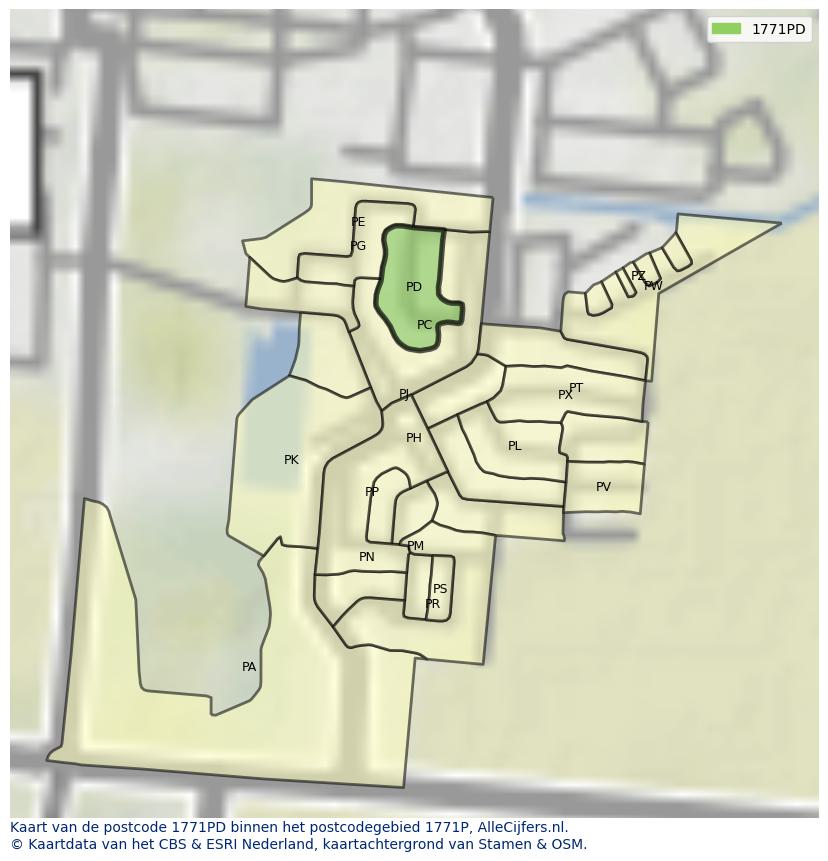Afbeelding van het postcodegebied 1771 PD op de kaart.
