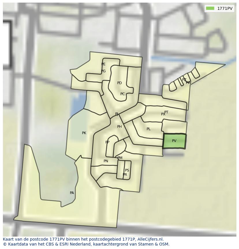 Afbeelding van het postcodegebied 1771 PV op de kaart.