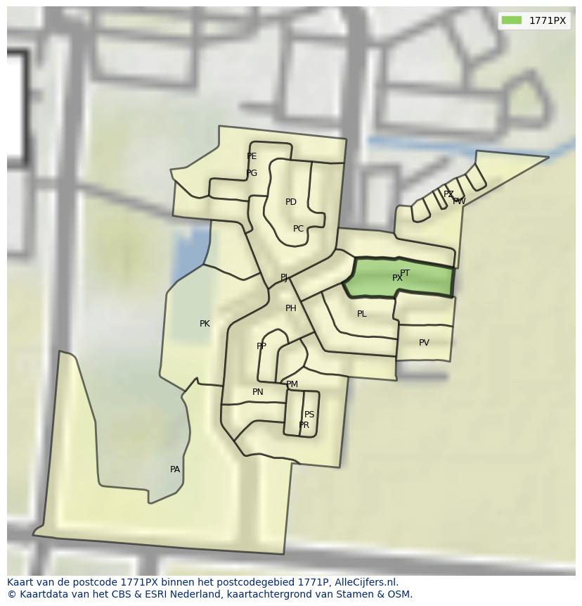 Afbeelding van het postcodegebied 1771 PX op de kaart.