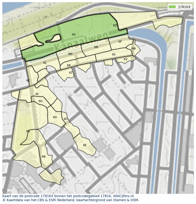Afbeelding van het postcodegebied 1781 KX op de kaart.