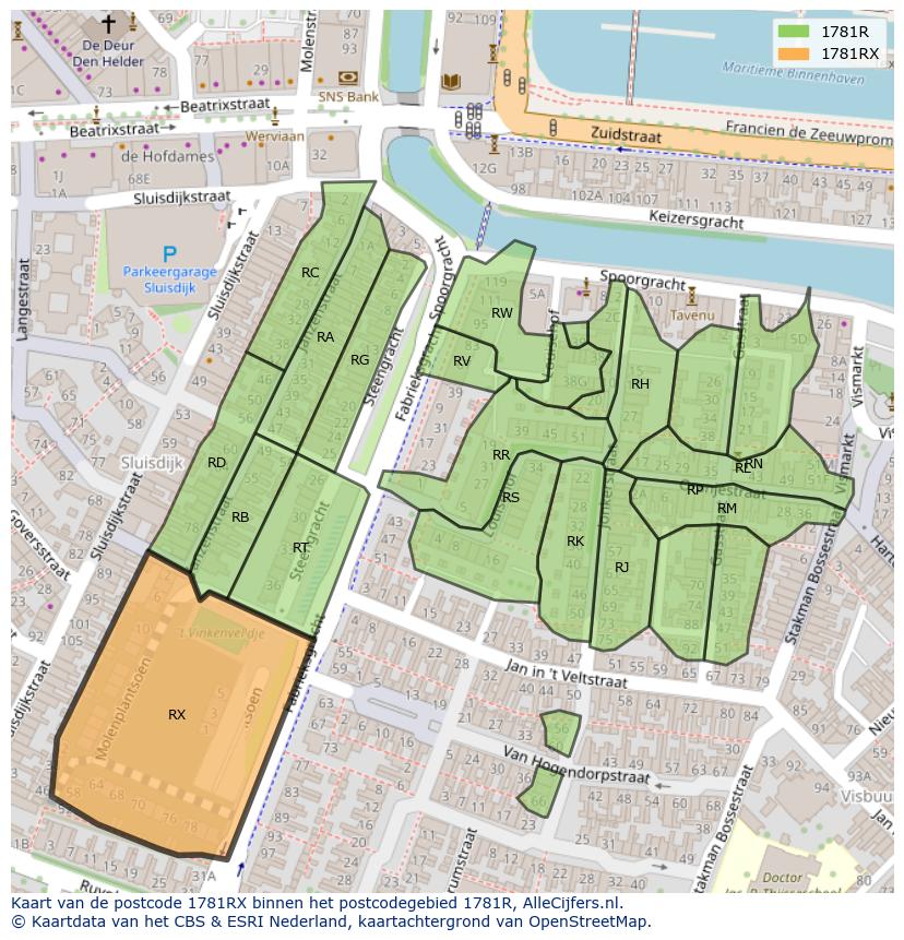 Afbeelding van het postcodegebied 1781 RX op de kaart.
