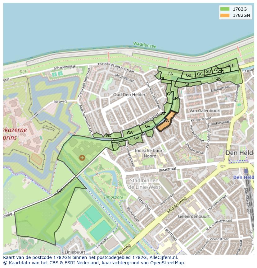 Afbeelding van het postcodegebied 1782 GN op de kaart.