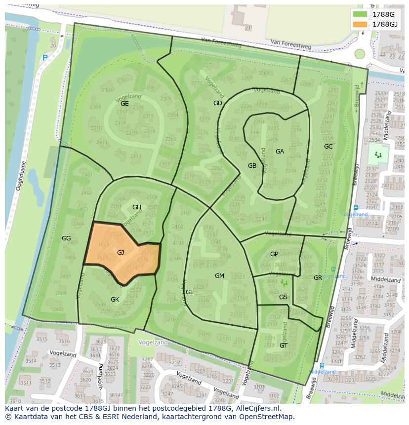 Afbeelding van het postcodegebied 1788 GJ op de kaart.