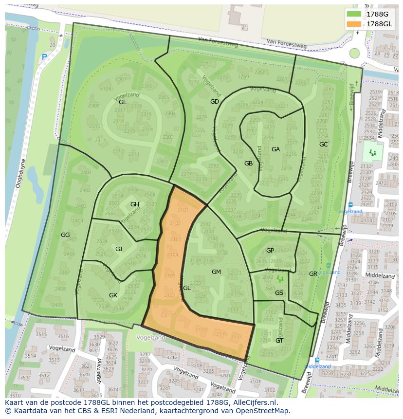 Afbeelding van het postcodegebied 1788 GL op de kaart.