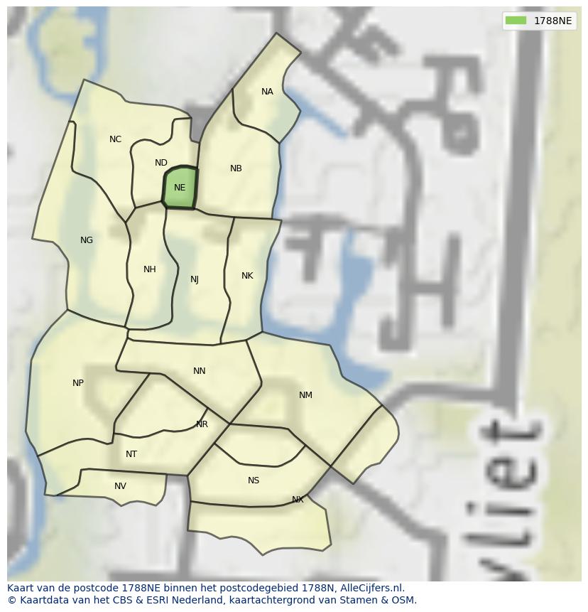 Afbeelding van het postcodegebied 1788 NE op de kaart.