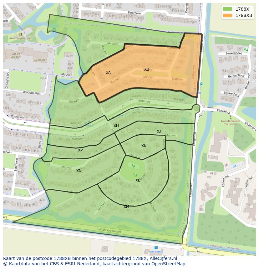 Afbeelding van het postcodegebied 1788 XB op de kaart.