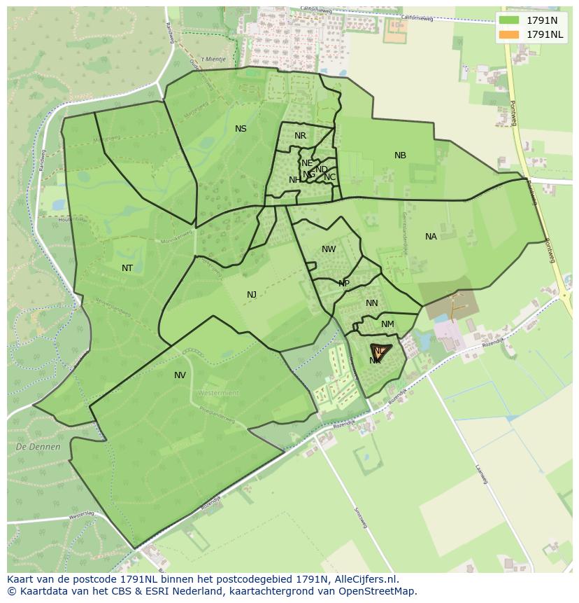 Afbeelding van het postcodegebied 1791 NL op de kaart.