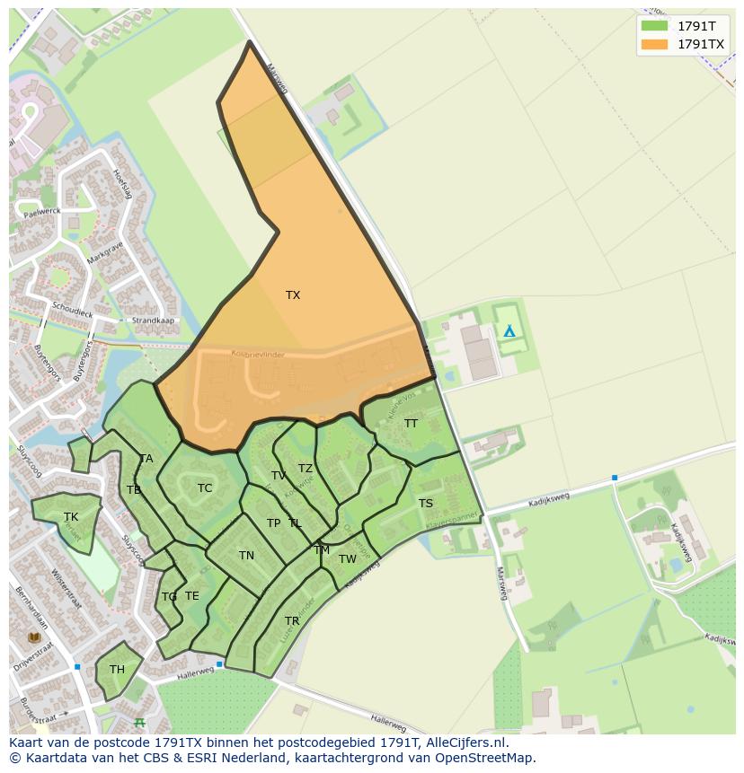 Afbeelding van het postcodegebied 1791 TX op de kaart.