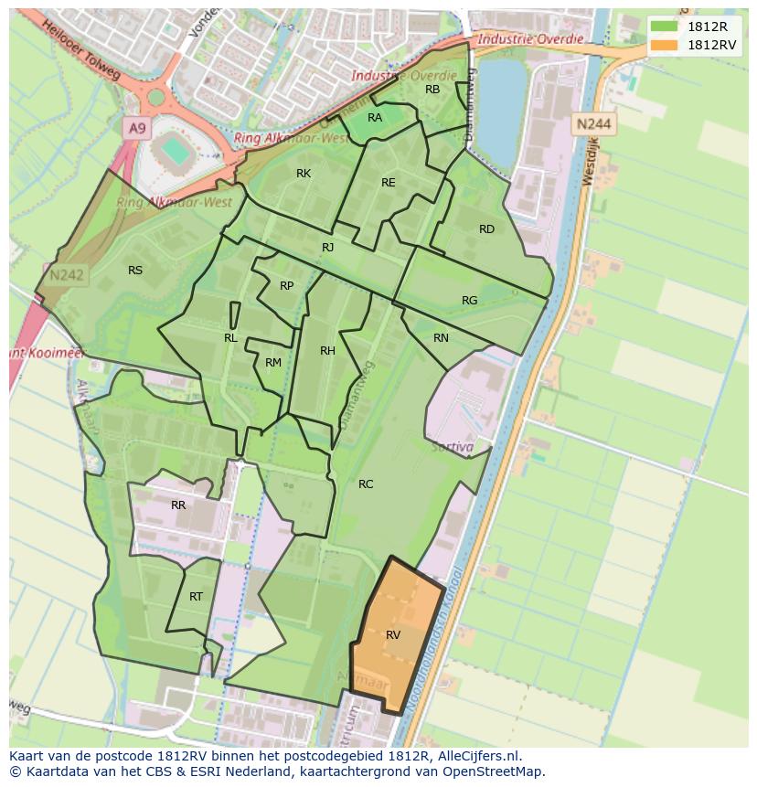 Afbeelding van het postcodegebied 1812 RV op de kaart.