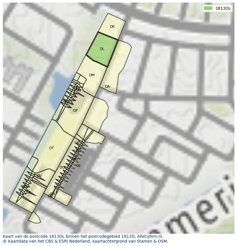Afbeelding van het postcodegebied 1813 DL op de kaart.