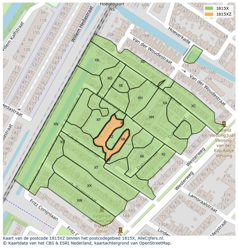 Afbeelding van het postcodegebied 1815 XZ op de kaart.