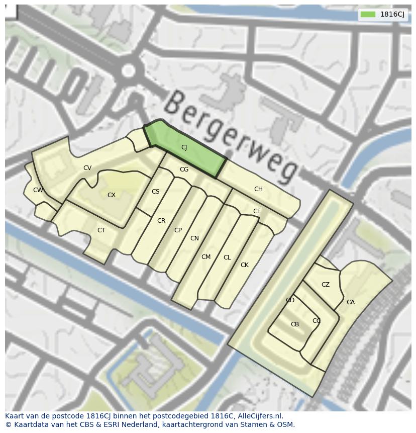 Afbeelding van het postcodegebied 1816 CJ op de kaart.