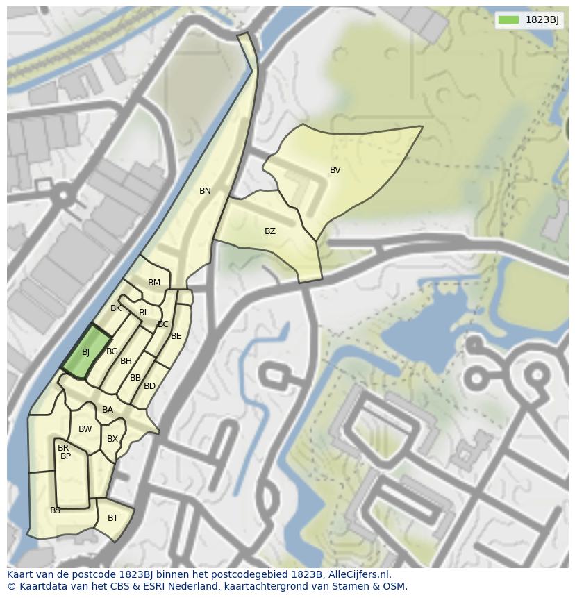 Afbeelding van het postcodegebied 1823 BJ op de kaart.