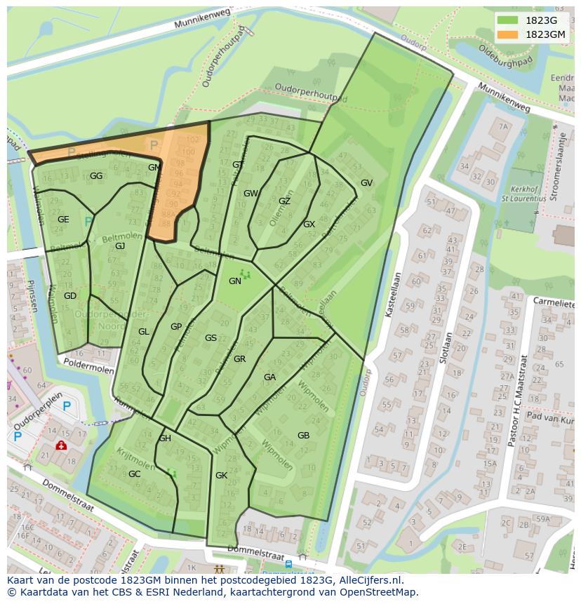 Afbeelding van het postcodegebied 1823 GM op de kaart.