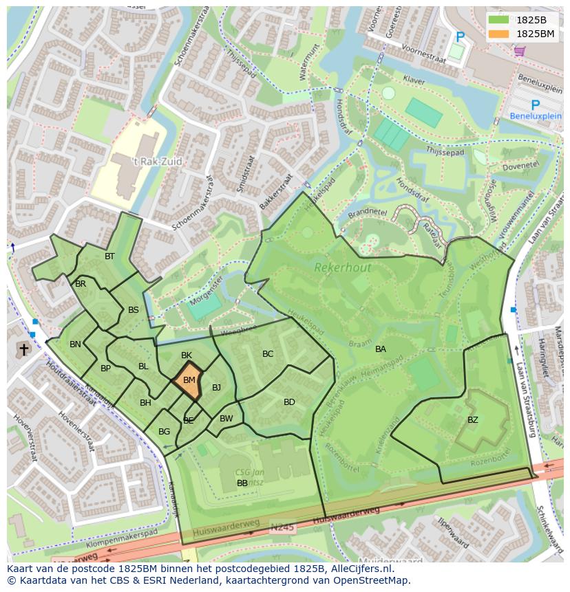 Afbeelding van het postcodegebied 1825 BM op de kaart.