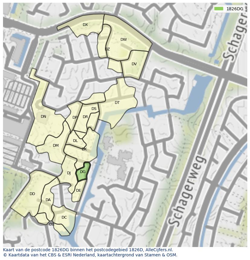 Afbeelding van het postcodegebied 1826 DG op de kaart.