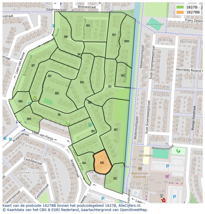 Afbeelding van het postcodegebied 1827 BB op de kaart.