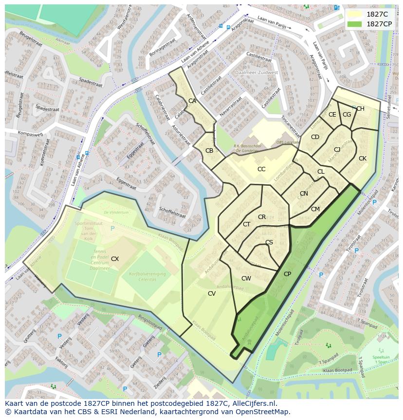 Afbeelding van het postcodegebied 1827 CP op de kaart.