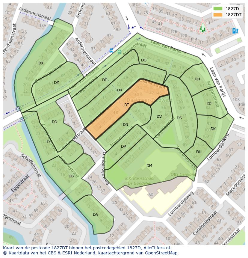Afbeelding van het postcodegebied 1827 DT op de kaart.